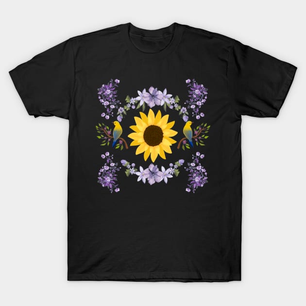 Sunflower, Purple Flowers, and Birds T-Shirt by nanas_design_delights